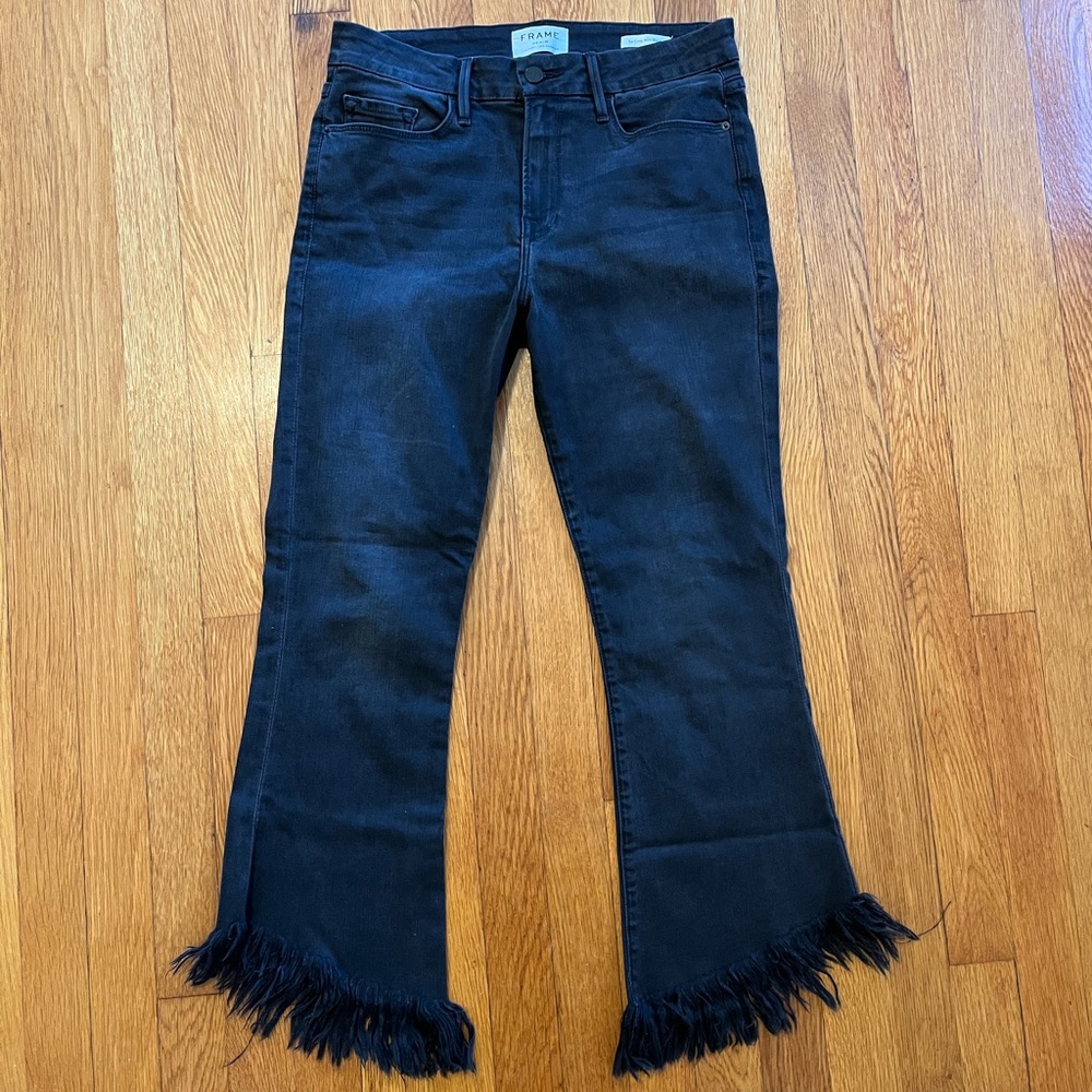 FRAME Womens Denim Jeans 29 Le Crop Mini Boot Stretch Black Raw Hem Fox Park
